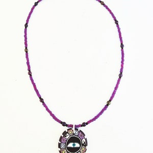 Boho choker necklace w/ polymer clay pendant hippie necklace beaded women earthy jewelry teen girl jewelry eye dolphin yin yang leaf H - eye / purple