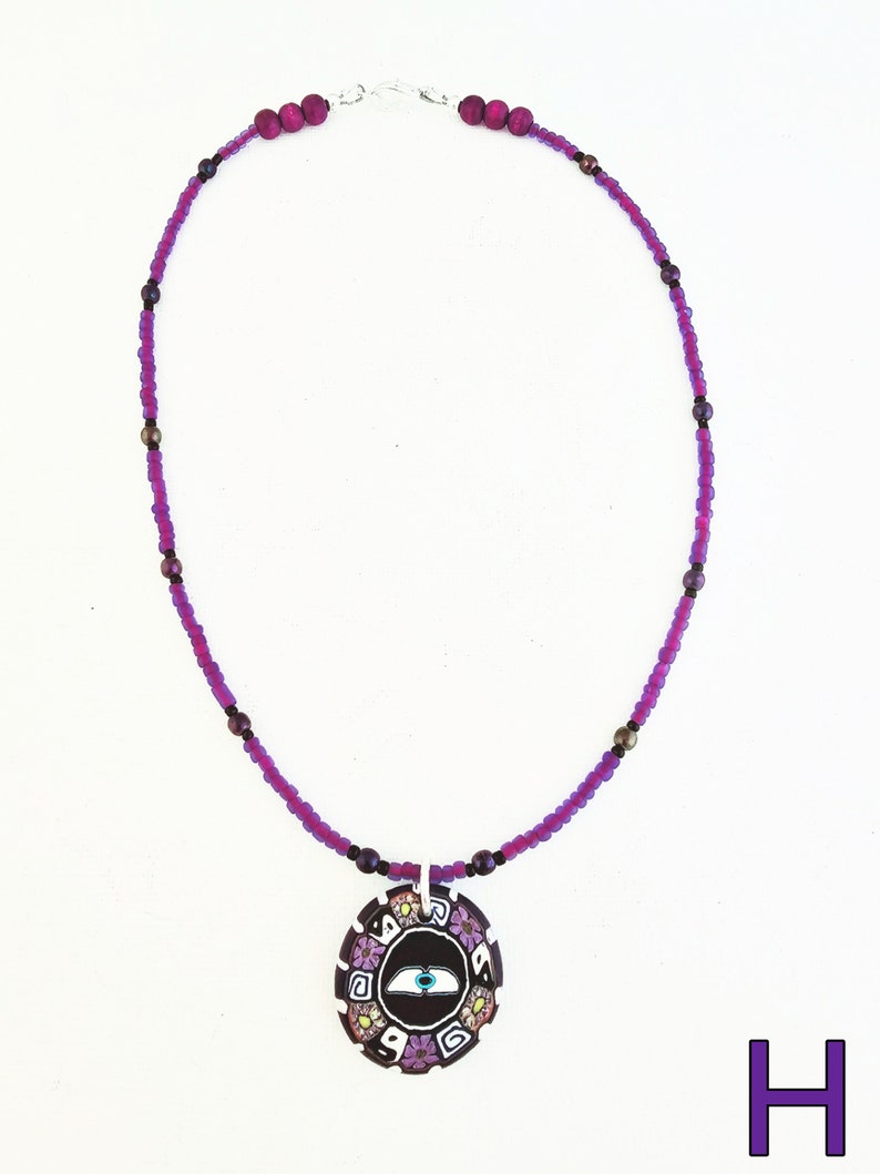 Boho choker necklace w/ polymer clay pendant hippie necklace beaded women earthy jewelry teen girl jewelry eye dolphin yin yang leaf H - eye / purple