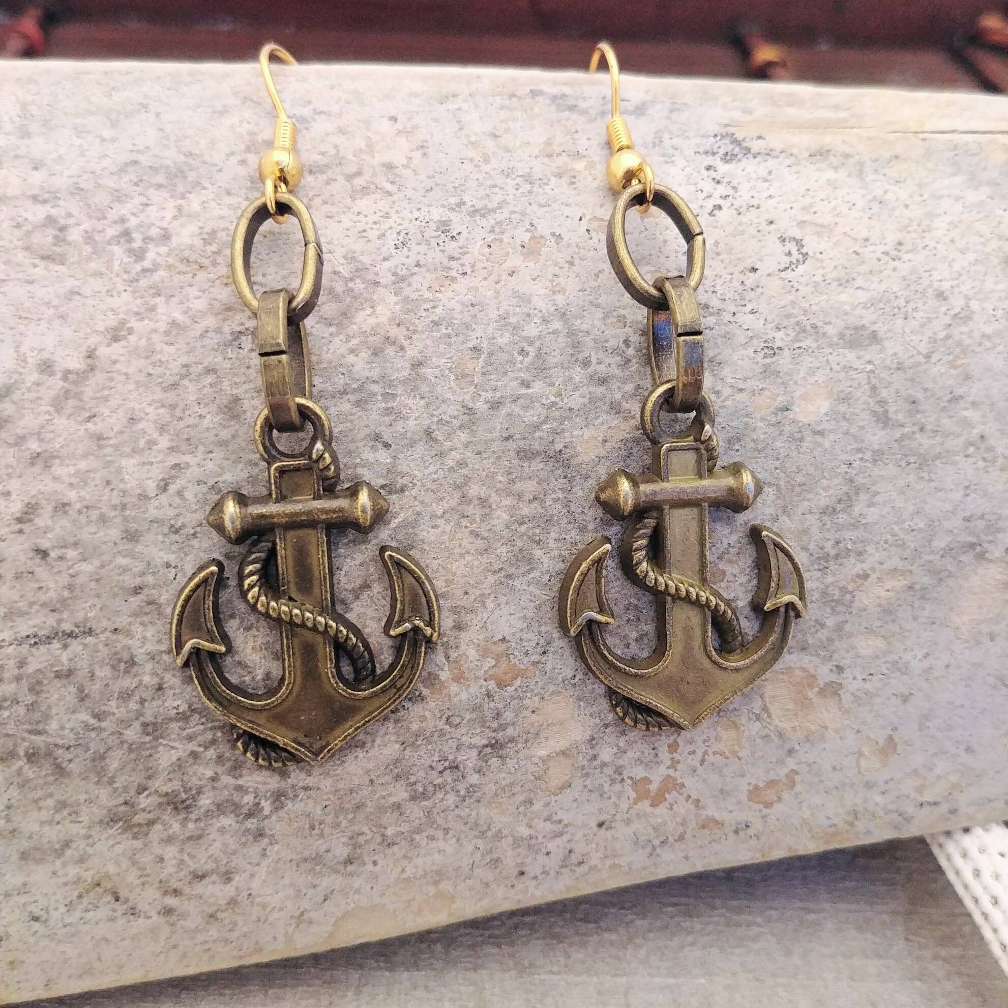 Anchor earrings nautical earrings for women with antique gold Etsy