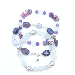 Purple gemstone bracelet | amethyst, rose quartz, jasper, 925 sterling silver | Beaded stretchy stackable bracelets women | handmade jewelry image 2