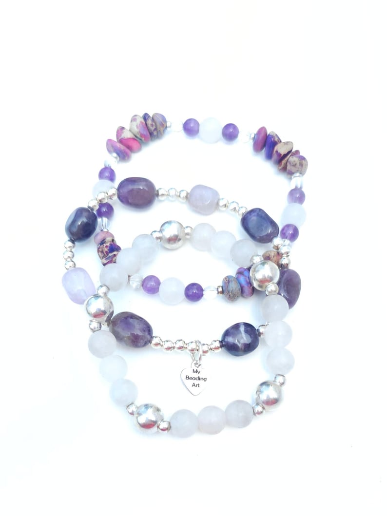Purple gemstone bracelet | amethyst, rose quartz, jasper, 925 sterling silver | Beaded stretchy stackable bracelets women | handmade jewelry image 2
