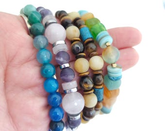 Gemstone bracelets for large wrists | Stretchy stackable colorful beaded bracelets women | Amethyst Agate Turquoise Tiger's Eye Rose Quartz