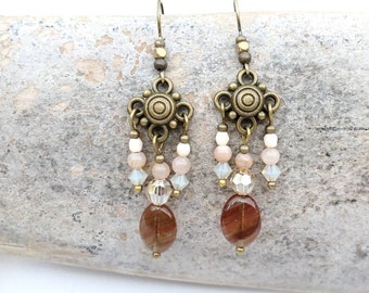 Sunstone earrings | unique blush beaded earrings for women with small brass chandeliers | semi precious gemstone earrings | handmade jewelry