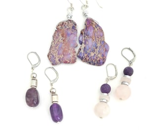 Purple gemstone earrings | Amethyst earrings | Jasper earrings | beaded dangle earrings with Rose Quartz & Hematite | handmade OOAK