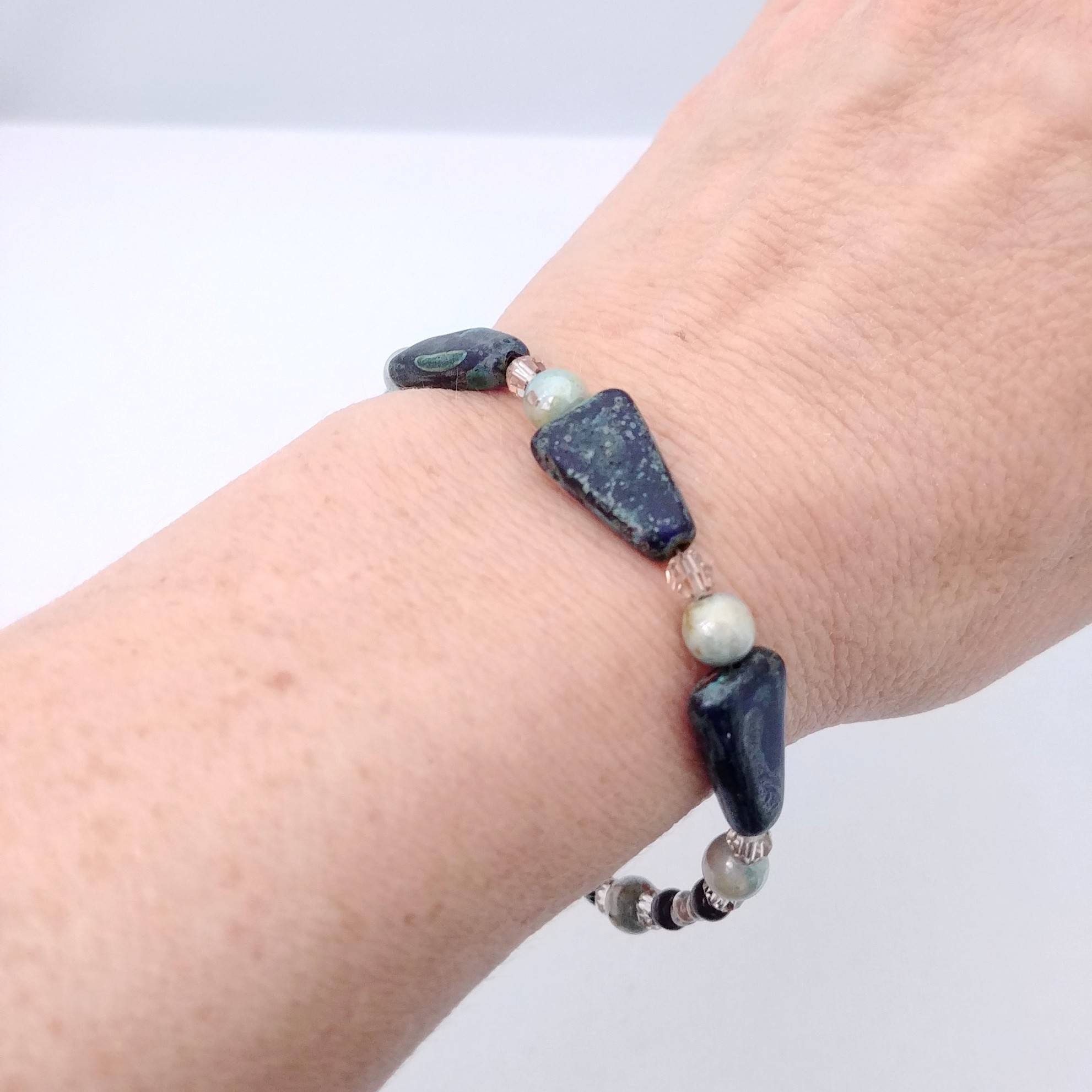 Large beaded bracelet with clasp beige and navy Etsy