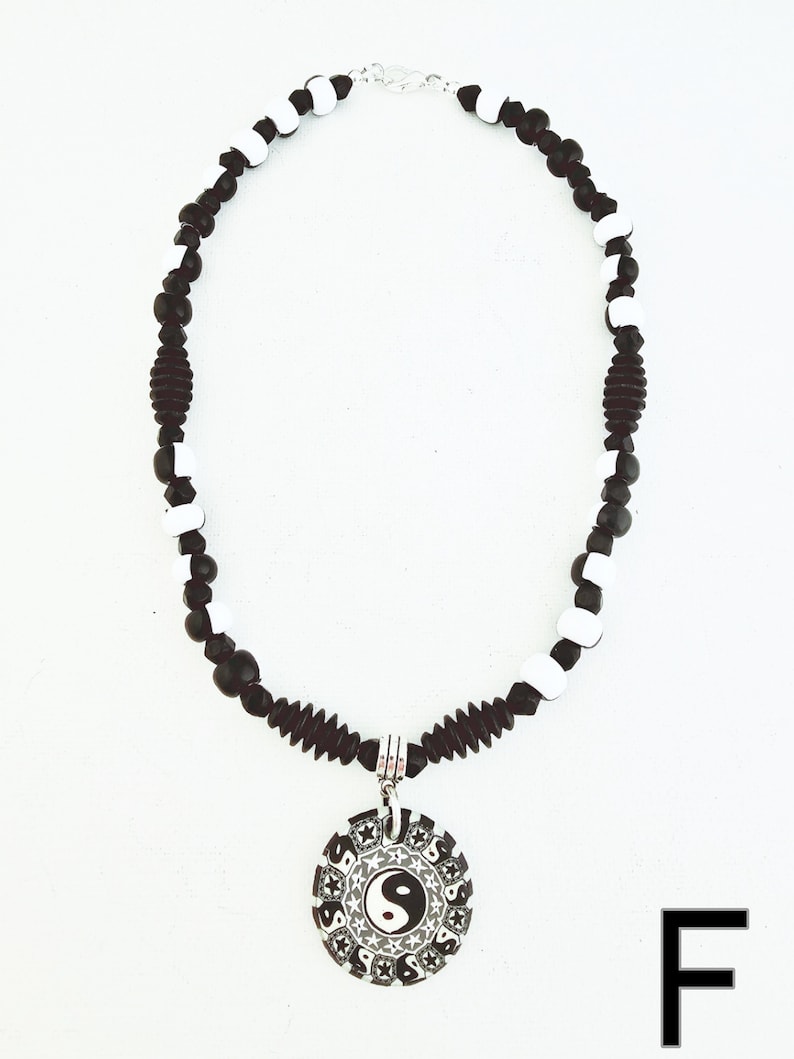 Boho choker necklace w/ polymer clay pendant hippie necklace beaded women earthy jewelry teen girl jewelry eye dolphin yin yang leaf F - yin yang / black