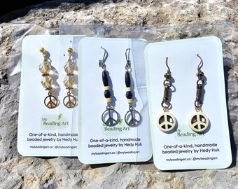 Hippie earrings | peace earrings | long beaded dangle boho earrings w/ peace sign symbols | wood earrings | handmade jewelry | silver gold