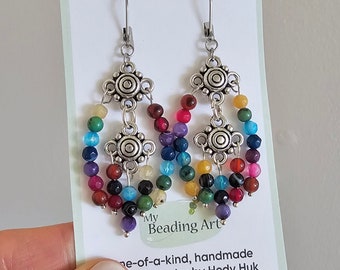 Boho earrings | Colourful handmade beaded chandelier earrings with mixed gemstones | silver multi colour semi precious agate