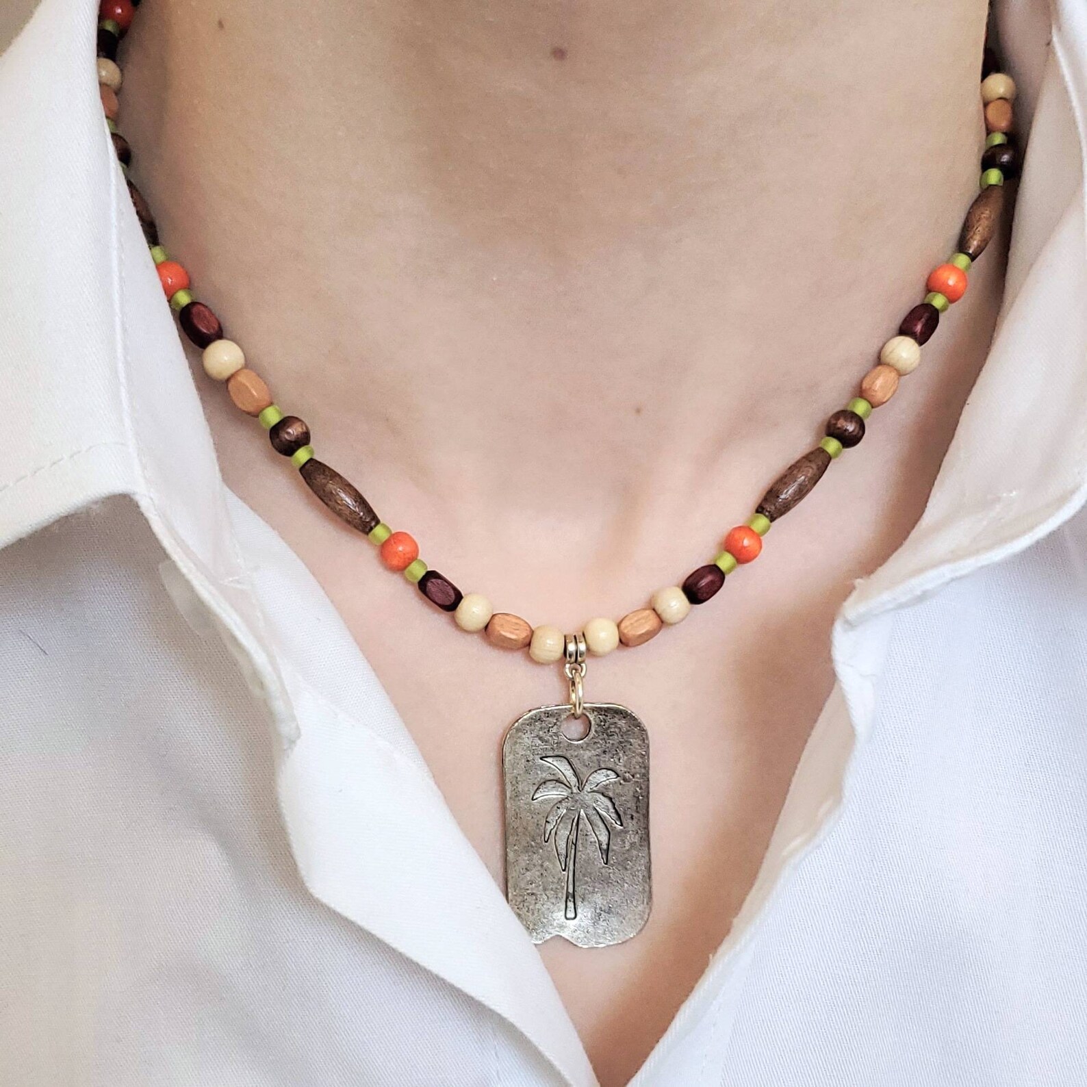 Boys bead necklace with palm tree pendant and wood beads Etsy