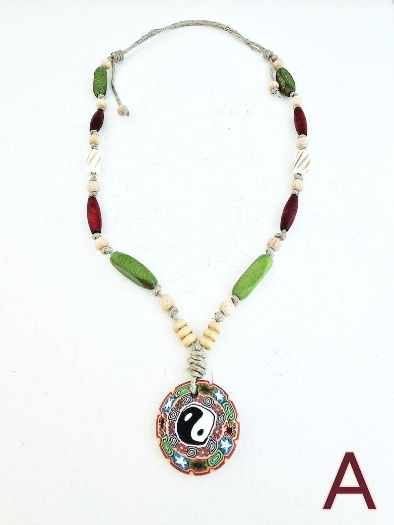 Boho choker necklace w/ polymer clay pendant hippie necklace beaded women earthy jewelry teen girl jewelry eye dolphin yin yang leaf A - yin yang /string