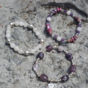 Purple gemstone bracelet | amethyst, rose quartz, jasper, 925 sterling silver | Beaded stretchy stackable bracelets women | handmade jewelry image 7