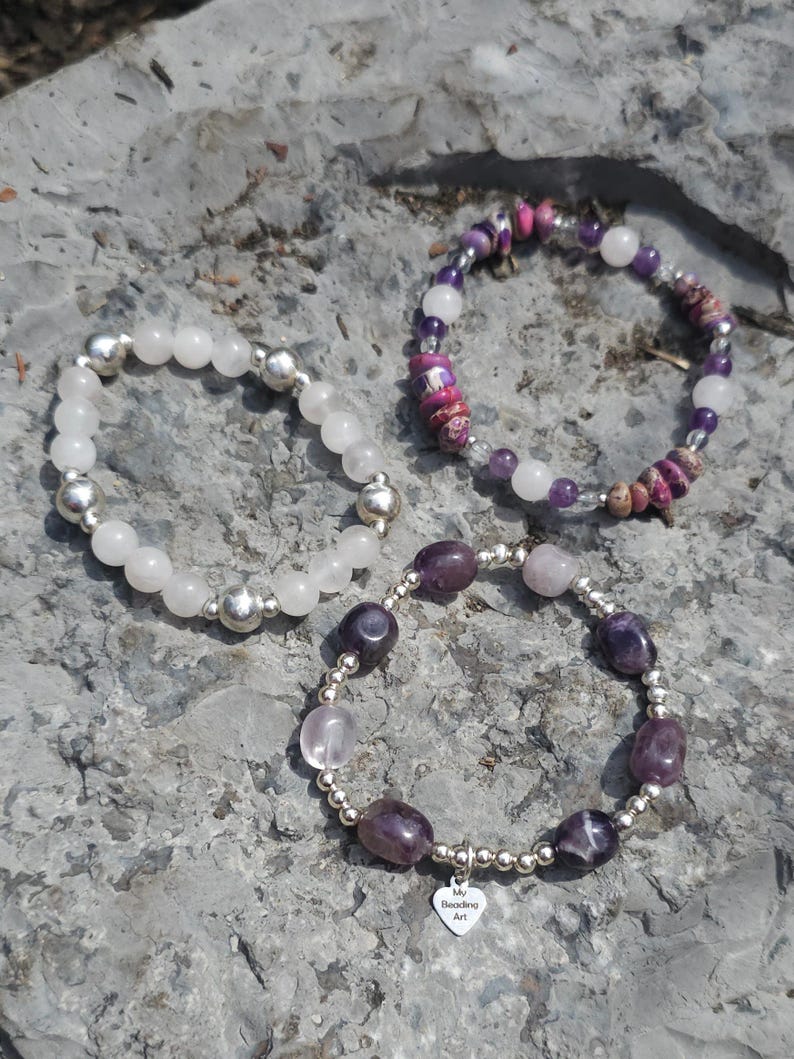 Purple gemstone bracelet | amethyst, rose quartz, jasper, 925 sterling silver | Beaded stretchy stackable bracelets women | handmade jewelry image 7