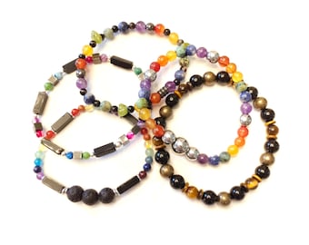 Beaded bracelets semi precious gemstones | stretchy stacking bracelets handmade for women & teen girls | colourful rainbow black brown