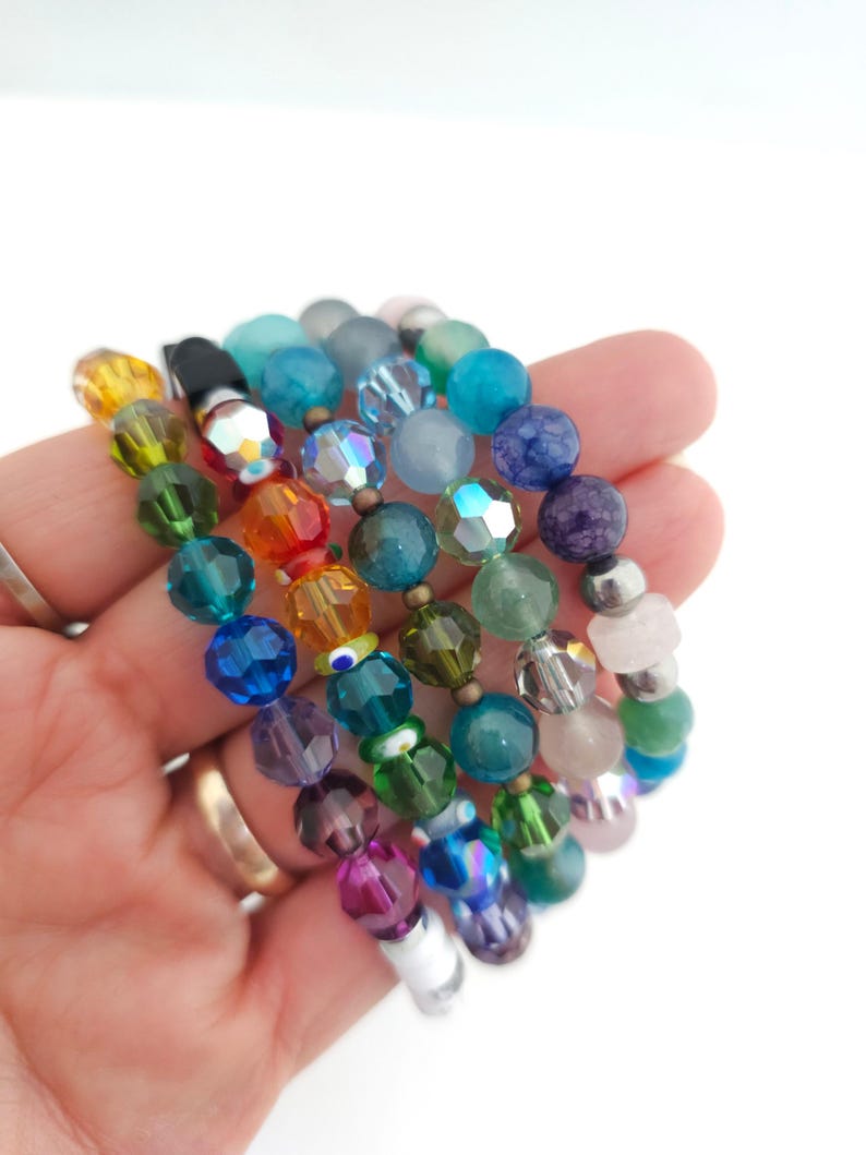 Colourful beaded bracelets | gemstone & crystal boho stackable stretch bracelets | rainbow pastel pride | OOAK hamdmade jewelry gift Bild 4