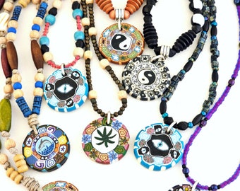 Boho choker necklace w/ polymer clay pendant | hippie necklace beaded women | earthy jewelry | teen girl jewelry | eye dolphin yin yang leaf