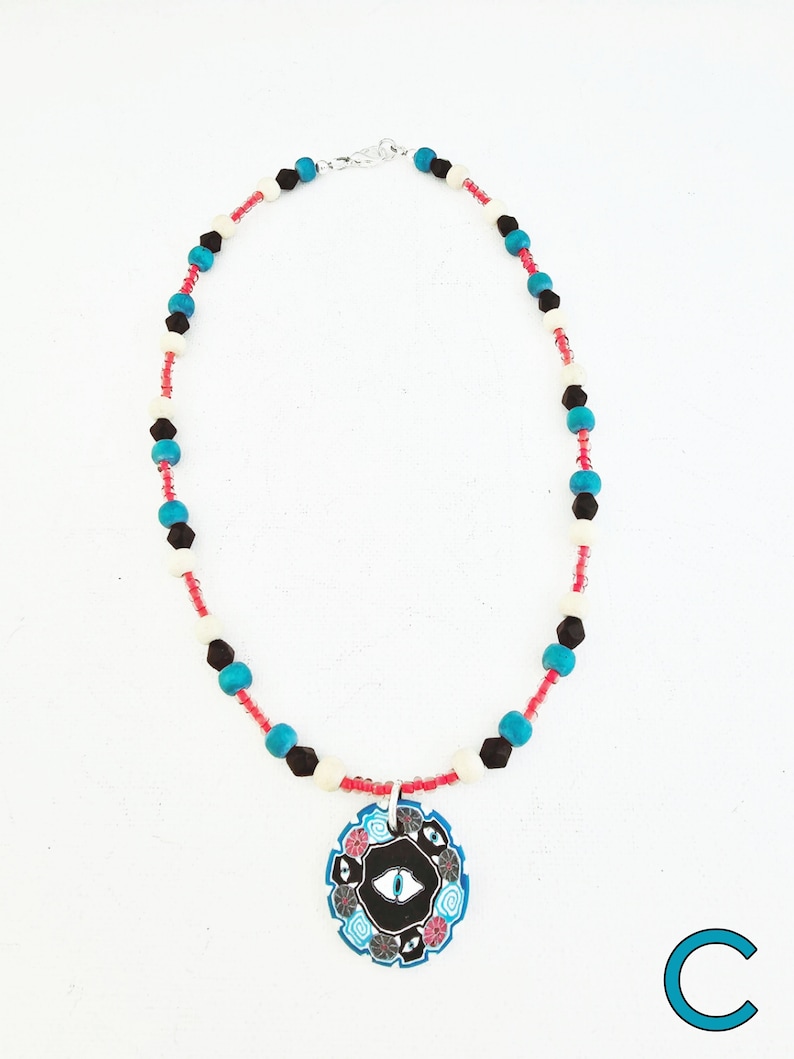 Boho choker necklace w/ polymer clay pendant hippie necklace beaded women earthy jewelry teen girl jewelry eye dolphin yin yang leaf C - eye / colourful