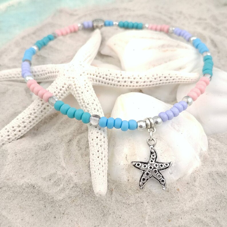 beaded stretchy anklet ankle bracelet beachy anklets for women Starfish anklet magnetic anklet pastels aqua blue green pink