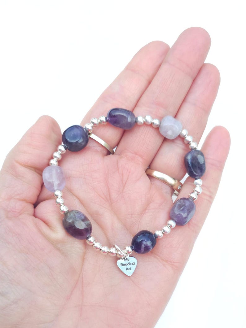 Purple gemstone bracelet | amethyst, rose quartz, jasper, 925 sterling silver | Beaded stretchy stackable bracelets women | handmade jewelry Rose Quartz & silver