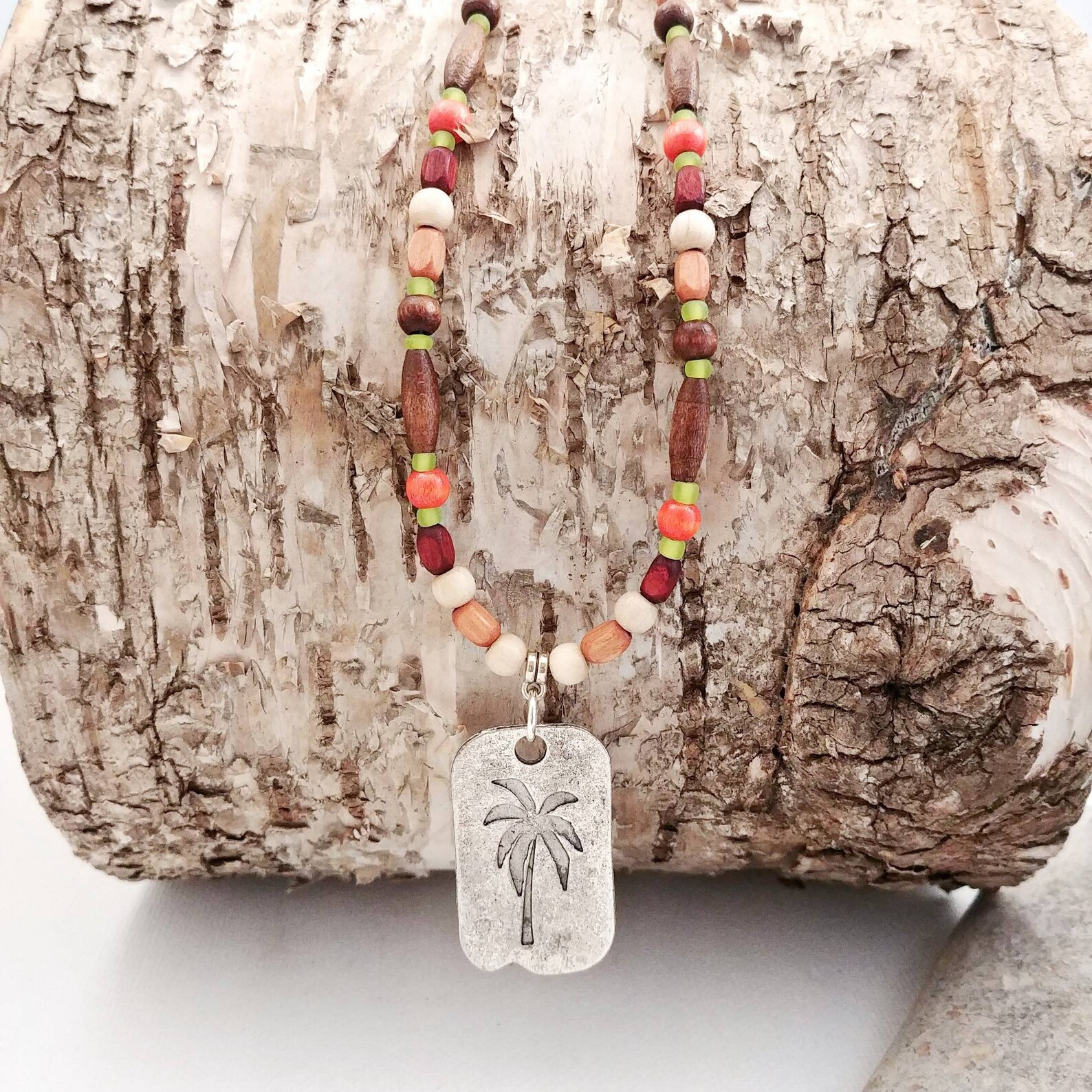 Boys bead necklace with palm tree pendant and wood beads Etsy