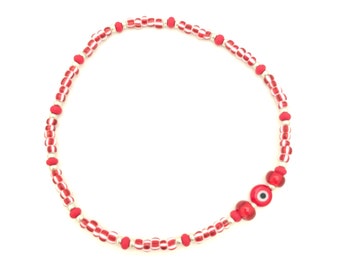 Red Evil eye anklet | 10 inch stretchy beaded ankle bracelet | red white seed bead  anklet for women teen girls | handmade boho jewelry gift