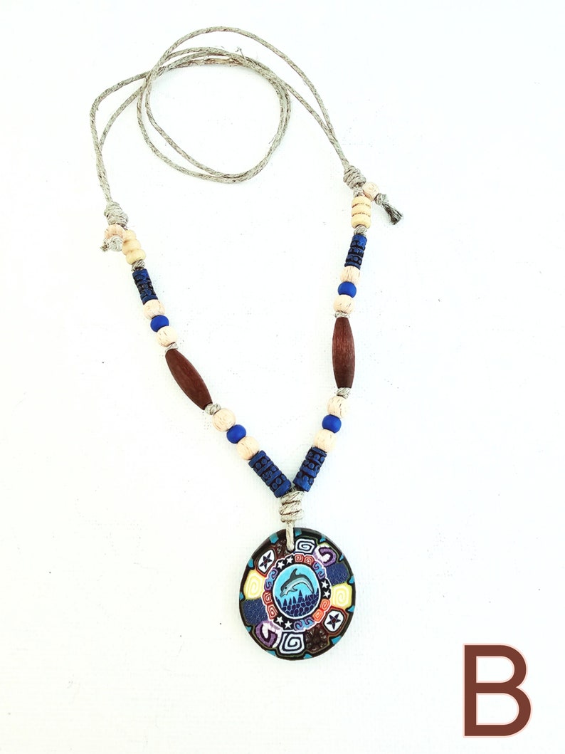 Boho choker necklace w/ polymer clay pendant hippie necklace beaded women earthy jewelry teen girl jewelry eye dolphin yin yang leaf B - dolphin / string