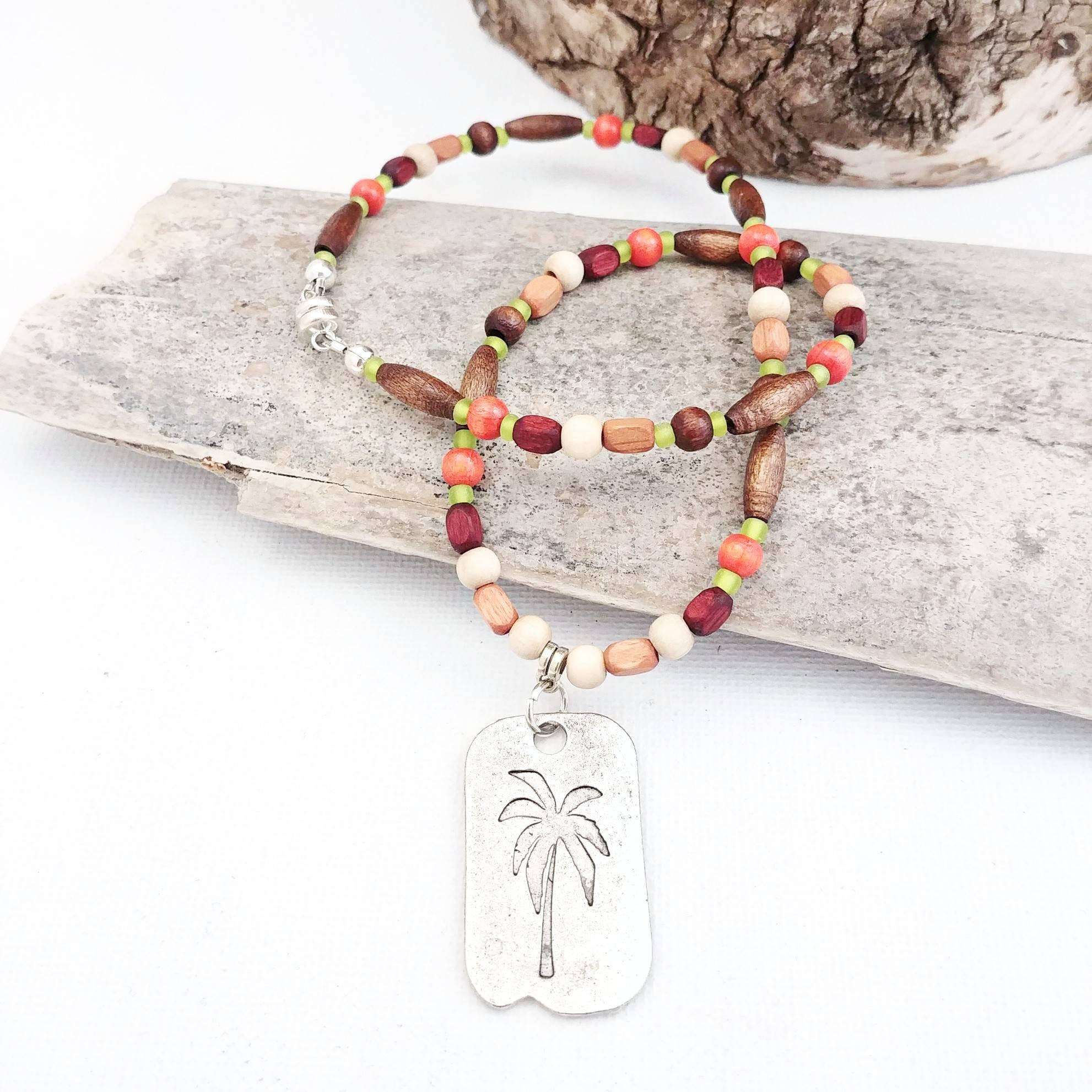 Boys bead necklace with palm tree pendant and wood beads Etsy