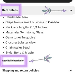 K&ouml;nnte beinhalten: Eine digitale Benutzeroberfl&auml;che f&uuml;r ein Halsketten-Angebot mit dem Text Add to cart, Item details und Read full description. Die Anzeige zeigt eine T&uuml;rkis-Edelstein-Perlenkette mit Karabinerverschluss und einer L&auml;nge von 53,98 cm.