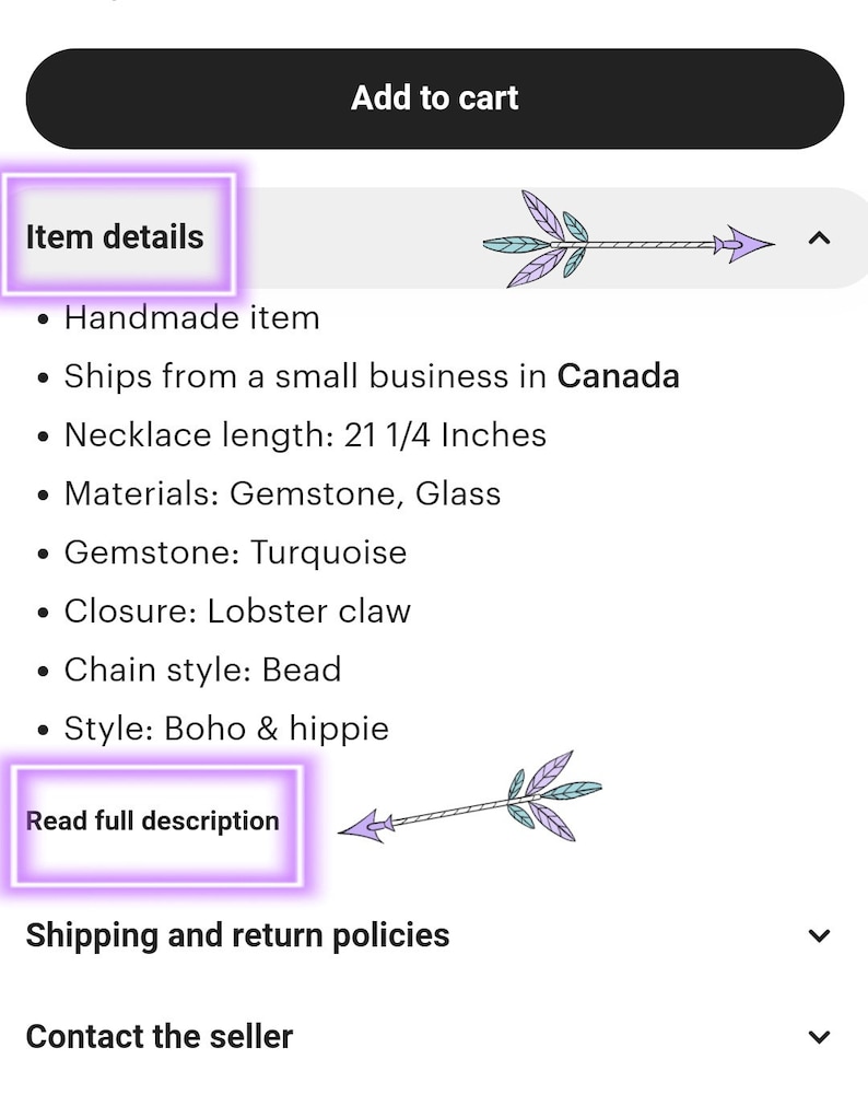 K&ouml;nnte beinhalten: Eine digitale Benutzeroberfl&auml;che f&uuml;r ein Halsketten-Angebot mit dem Text Add to cart, Item details und Read full description. Die Anzeige zeigt eine T&uuml;rkis-Edelstein-Perlenkette mit Karabinerverschluss und einer L&auml;nge von 53,98 cm.