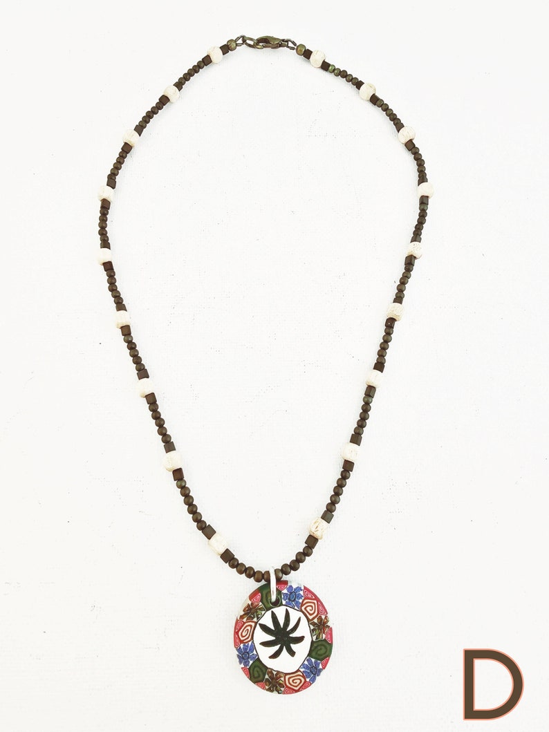 Boho choker necklace w/ polymer clay pendant hippie necklace beaded women earthy jewelry teen girl jewelry eye dolphin yin yang leaf D - leaf / brass