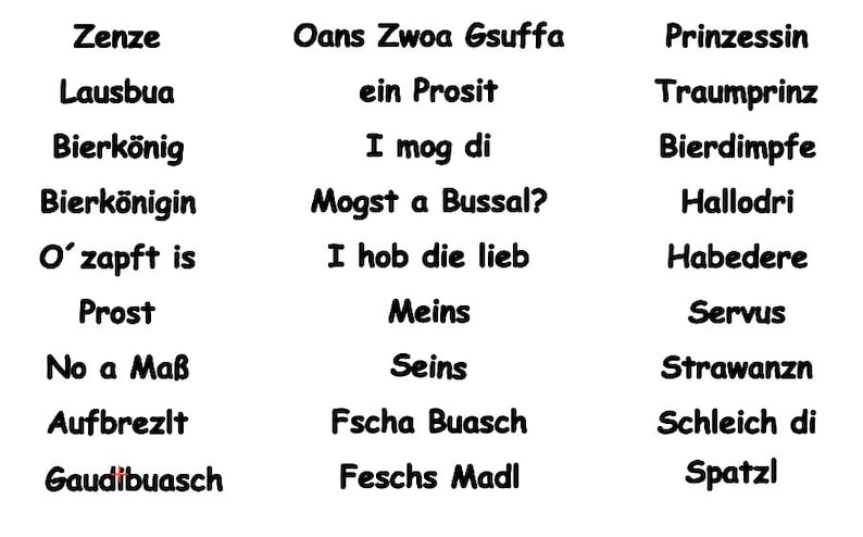 May include: A white background with black text in three columns. The text is in German and includes phrases like "Oans Zwoa Gsuffa", "I mog di", "Mogst a Bussal?", "Servus", "Strawanzn", "Schleich di", and "Spatzl".