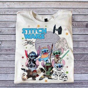 T-shirt drôle Stitch Wars, chemise cadeau pour les fans de Star Wars, t-shirt personnages mignons au point de suture, chemise amateur de films sur l'espace, t-shirt mashup dessin animé, t-shirt unisexe