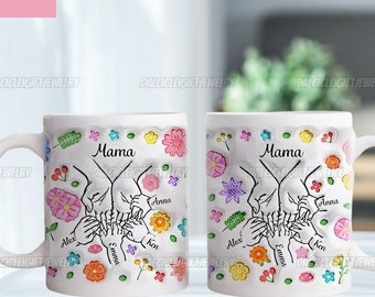 Usted toma nuestras manos, también nuestros corazones, taza personalizada con efecto inflado 3D de la mano de mamá, taza de regalo para mamá, taza de abuela