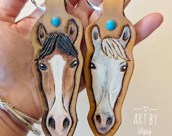 Custom Leather Horse Head Keychain, Hand-Painted Equestrian Portrait Keyring with Faux Turquoise Rivet,  Hand-Carved Equestrian Bag Charm