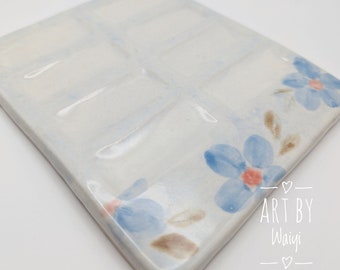 On Sale - Handmade Ceramic Porcelain Watercolor Palette -  Hand Paint Blue Flowers Palette - Majolica Porcelain Palette - FREE SHIPPING