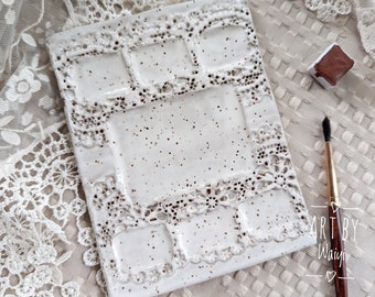 Handmade Ceramic Lace Watercolor Palette -  Lace Speckled Brown Clay Watercolor Palette - Doily Palette for Acrylic Painting - FREE SHIPPING