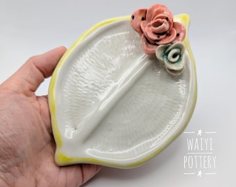 Handmade Ceramic Porcelain Watercolor Palette -  Hand Paint and Carved Lemon Palette - Lemon Porcelain Palette