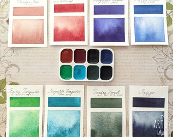 Granulating Watercolor, Handmade Watercolor Paints, Natural Watercolor Paint Set (8 colors) - Red, Blue, Green, Indigo, Turquoise, Purple