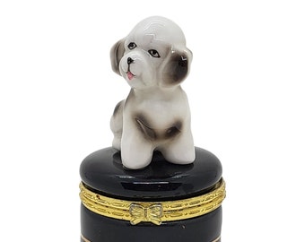 Vintage Round Hinged Dog Trinket Box | Porcelain with Gold Gilt | Beagle Spaniel Dog