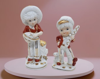 Vintage Girl Boy Figurines |  Porcelain | Gloss Finish Children Figurines | Kids Figurines | Orange Red White