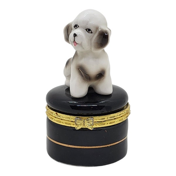 Vintage Round Hinged Dog Trinket Box | Porcelain with Gold Gilt | Beagle Spaniel Dog