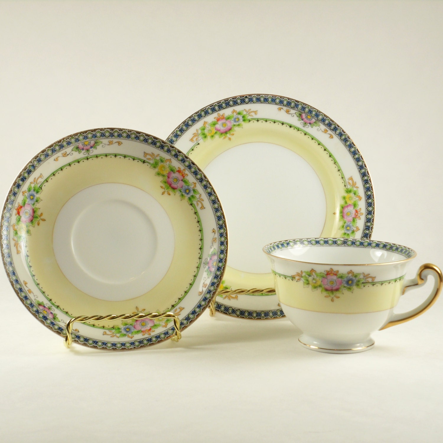 Vintage Meito China Made in Japan Hand Painted Teacup Saucer Dessert Plate Tea Cup