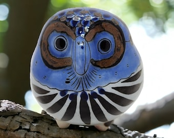 Vintage Folk Art Owl Figurine | Made in Mexico | White Clay Blue Brown Glazed