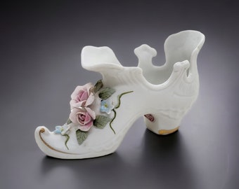 Vintage Lefton Porcelain Bisque Shoe | Slipper Figurine |  Floral Flower Hand Painted