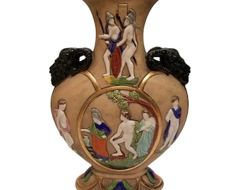 Antique Vase | Czechoslovakia Majolica Pottery | Relief Vase | Allegory Finial Ram Heads | Greek Scene