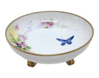 Antique Morimura Nippon Bowl | Hand Painted Butterfly Flowers | Porcelain 3 Footed Compote Bowl | Made in Japan