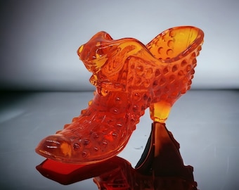 Vintage Fenton Glass | Amberina Cat Head Slipper | Glass Shoe Boot | Amber Orange Hobnail