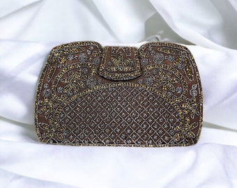 Vintage French Beaded Clutch | Handbag Made in France | Beaded Purse | Bronze Brown Floral Beaded Handbag | Snap Closure