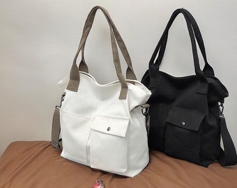 Bolso de mano de lona acanalado liso, bolso de hombro unisex de gran capacidad, bolso de hombro para portátil de estudiante