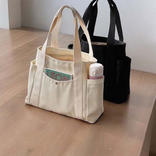 Canvas Bag with Large Pockets Everyday Tote Bag, Washable Shoulder Travel Bag with Large Pocket for Women Adjustable