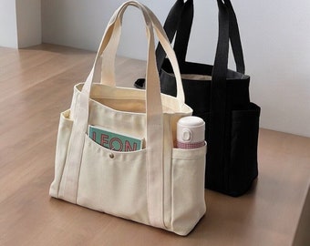 Canvas Bag with Large Pockets Everyday Tote Bag, Washable Shoulder Travel Bag with Large Pocket for Women Adjustable